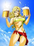  alcohol beer blonde_hair breasts carol_danvers highleg large_breasts long_hair marvel mask midriff ms._marvel navel one_eye_closed panties red_sarong sarong shimotsuki_juugo sky solo underboob underwear wet 