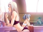  2girls blonde_hair blue_hair bra breasts iris_rebel large_breasts lingerie lipstick long_hair makeup meili_naceri mirror multiple_girls panties pointy_ears short_hair shoukokijo_iris small_breasts soukou_kijo_iris underwear zol 