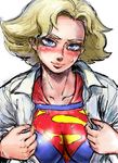  1girl artist_request blonde_hair blue_eyes blush breasts dc_comics female jacket kryptonian short_hair simple_background solo supergirl superman_(series) white_background 