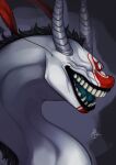 ambiguous_gender black_lips blue_tongue eyeless fangs grey_horn hi_res horn lips long_neck markings open_mouth red_markings riorix signature simple_background solo species_request tongue white_body 