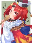  1girl apron bangs benienma_(fate) bird_hat blush commentary_request fate/grand_order fate_(series) hat highres holding holding_spoon japanese_clothes long_hair long_sleeves looking_at_viewer low_ponytail manami_(fearfac666) parted_bangs red_eyes red_hair shamoji solo spoon two-tone_background white_apron wide_sleeves 