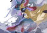  closed_mouth commentary from_side frown highres horezai lucario mega_lucario mega_pokemon pink_eyes pokemon pokemon_(creature) rock smoke solo spikes squatting yellow_fur 