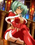  1girl ahoge alternate_costume aqua_hair bangs black_panties blush bow bowtie bra capelet closed_mouth crossed_legs elbow_gloves fingerless_gloves fur-trimmed_capelet fur-trimmed_gloves fur-trimmed_skirt fur-trimmed_thighhighs fur_trim gloves green_bow green_bowtie green_eyes hair_between_eyes ikkitousen indoors long_hair looking_at_viewer miniskirt panties pantyshot red_bra red_capelet red_gloves red_skirt red_thighhighs ryofu_housen santa_costume shiny shiny_clothes shiny_hair shiny_legwear sitting skirt smile solo sparkle thighhighs twintails underwear 