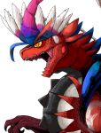  absurdres claws colored_sclera fingernails highres koraidon monster_hunter_(series) no_humans open_mouth parody pekoson pokemon pokemon_(creature) red_eyes scales simple_background slit_pupils solo style_parody white_background yellow_sclera 