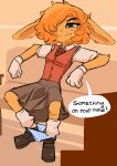  alex_kane anthro blush bottomwear breasts clothed clothing dialogue digital_media_(artwork) english_text female footwear hair hair_over_eye hi_res lagomorph leporid mammal necktie one_eye_obstructed orange_hair panties panties_around_ankles panties_down partially_clothed rabbit shirt shoes sitting skirt small_breasts socks solo text topwear underwear underwear_down vest virteil 