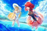  2girls absurdres alina_l bird blonde_hair breasts chest_jewel cleavage cloud earrings headpiece highres inflatable_toy jewelry large_breasts multiple_girls mythra_(radiant_beach)_(xenoblade) mythra_(xenoblade) one-piece_swimsuit palm_tree pyra_(pro_swimmer)_(xenoblade) pyra_(xenoblade) red_eyes red_hair signature sun swimsuit thigh_strap tiara tree wading xenoblade_chronicles_(series) xenoblade_chronicles_2 yellow_eyes 