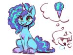  afro blue_body blue_hair blue_hooves blue_tail dessert equid equine eyebrows female feral food freckles green_eyes hair hasbro hi_res hooves horn ice_cream mammal misty_(g5) mlp_g5 multicolored_hair my_little_pony oofycolorful simple_background sitting smile two_tone_hair two_tone_tail unicorn unicorn_horn white_background 