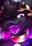  anthro bioluminescence bloominglynx blue_eyes bodily_fluids deity domestic_cat drooling felid feline felis glowing glowing_saliva gold_(metal) gold_jewelry hi_res jewelry male mammal one_eye_closed open_mouth purple_nose saliva solo suerte teeth teeth_showing tongue tongue_out wink 