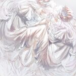  2girls barefoot blush closed_eyes commentary_request curled_horns dress grey_background highres holding_hands horns interlocked_fingers knees_up long_hair mercure_1104 multiple_girls original siblings sisters sketch smile twins very_long_hair white_dress white_hair 