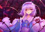  1girl absurdres buttons flower hair_ornament hand_on_own_face heart heart_button heart_hair_ornament highres komeiji_satori looking_at_viewer open_mouth plant purple_eyes purple_hair red_eyes rose short_hair solo_focus third_eye thorns tomoe_(fdhs5855) touhou vines 