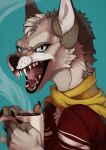  anthro black_claws black_lips black_nose blue_eyes bust_portrait canid cheek_tuft claws clothing facial_tuft fangs female finger_claws fur glistening glistening_eyes grey_body grey_fur head_tuft hi_res holding_mug holding_object lips looking_at_viewer mammal mug neck_tuft open_mouth portrait red_clothing red_topwear riorix scarf signature solo steam topwear tuft white_body white_fur yellow_scarf 
