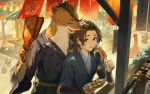  0jae 2boys animal_ears arm_around_shoulder armor bangs black_kimono blue_kimono blush bright_pupils brown_eyes brown_fur brown_hair brown_sash closed_eyes commentary_request eyelashes ferret_ears festival floral_print flower_(symbol) food food_stand furry furry_male genshin_impact hagoita half_updo hand_up haori highres holding holding_paddle japanese_armor japanese_clothes kamai_kenji kimono korean_commentary kote kurokote lantern long_sleeves looking_at_viewer male_focus medium_hair multiple_boys obi open_mouth outdoors paddle paper_lantern parted_bangs ponytail print_kimono sakuramon sash short_ponytail short_sleeves sidelocks smile standing takoyaki teeth upper_teeth_only white_fur white_pupils wide_sleeves yanagibashi_takuto 