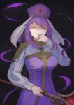  1girl akacolor black_background breasts closed_eyes cowboy_shot dress eremiya fire_emblem fire_emblem:_new_mystery_of_the_emblem hand_on_own_chin hat highres holding holding_staff large_breasts long_hair long_sleeves looking_at_viewer purple_dress purple_hair simple_background smile solo staff white_veil 