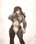  1girl abs belt brown_hair full_body long_hair medieval original pants shirt solo standing steaming_body sweat vanishlily 