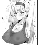  1girl animal_ears arknights armpits arms_up breasts cleavage covered_nipples cropped_torso greyscale hairband horn/wood horn_(arknights) large_breasts long_hair monochrome steaming_body stretching sweat sweaty_clothes tank_top white_background wolf_ears 