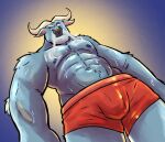  abs absurd_res anthro biceps bodily_fluids bovid bovine boxer_briefs boxer_briefs_only breath briefs briefs_only bulge cape_buffalo chief_bogo clothed clothing disney eyebrows hi_res looking_at_viewer low-angle_view male mammal muscular navel nipples obenpanda pecs raised_eyebrow red_briefs red_clothing red_underwear simple_background solo standing sweat topless underwear zootopia 