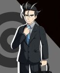  1boy bag black_hair business_suit collared_shirt ememtrp formal grey_shirt highres larry_(pokemon) looking_at_viewer multicolored_hair necktie pale_skin pokemon pokemon_(game) pokemon_sv salaryman shirt simple_background solo_focus suit thick_eyebrows two-tone_hair 