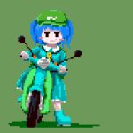  1girl aqua_boots aqua_dress aqua_footwear blue_hair blush_stickers closed_mouth dress flat_cap full_body green_background green_headwear hat honda_super_cub james_at_pi_(fuwafuwacatgirl) kawashiro_nitori key looking_at_viewer medium_hair pixel_art simple_background smile solo touhou 