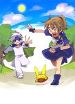  1boy 1girl 1other arle_nadja blue_footwear blue_skirt boots brown_hair cape carbuncle_(puyopuyo) green_cape holding holding_sword holding_weapon looking_at_another madou_monogatari open_mouth panotaso pokemon pokemon_(game) pokemon_swsh ponytail puyopuyo running schezo_wegey shirt short_hair skirt sky sword tree weapon white_hair white_shirt yellow_eyes 