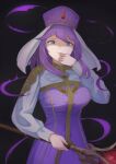  1girl akacolor black_background blue_eyes breasts cowboy_shot dress eremiya evil_smile fire_emblem fire_emblem:_new_mystery_of_the_emblem hand_on_own_chin hat highres holding holding_staff large_breasts long_hair long_sleeves looking_at_viewer purple_dress purple_hair simple_background smile solo staff white_veil 