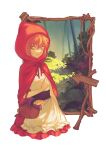  1girl absurdres apron bangs basket belt bottle bread brown_belt cape cosplay cropped_legs dress food haibara_ai highres hood hood_up hooded_cape little_red_riding_hood little_red_riding_hood_(grimm) little_red_riding_hood_(grimm)_(cosplay) looking_at_viewer meitantei_conan okuseric portrait_(object) red_cape red_dress short_hair smile solo white_apron wine_bottle 