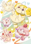  0_0 :&lt; :o alcremie bright_pupils closed_mouth commentary_request fidough food fruit heart milcery no_humans orange_(orangelv20) pokemon pokemon_(creature) red_eyes slurpuff smile strawberry swirlix tongue tongue_out white_pupils 