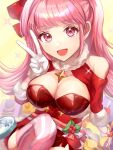  1girl bangs bare_shoulders breasts brooch christmas cleavage fire_emblem fire_emblem:_three_houses fire_emblem_heroes gloves highres hilda_valentine_goneril jewelry large_breasts liszodow long_hair looking_at_viewer official_alternate_costume open_mouth pink_eyes pink_hair smile solo star_brooch striped striped_thighhighs thighhighs twintails v white_gloves 