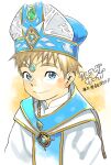  1boy blonde_hair blue_eyes blue_headwear closed_mouth commentary commentary_request crave_saga cross cross_necklace forehead_jewel highres jewelry looking_at_viewer male_child male_focus necklace nine_(crave_saga) pendant priest robe shigeru_(shounen_zoom) short_hair simple_background smile solo translation_request upper_body white_robe 