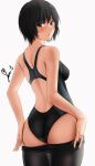  1girl amagami ass black_hair breasts brown_eyes competition_swimsuit expressionless highres looking_at_viewer looking_back nanasaki_ai one-piece_swimsuit pantyhose short_hair signature solo sweatdrop swimsuit undressing white_background yoo_tenchi 