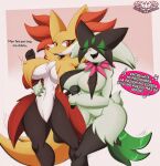  anthro areola big_breasts breasts delphox dialogue duo embrace female female/female french_text fur generation_6_pokemon generation_9_pokemon green_body green_fur hi_res holding_microphone holding_object knightmoonlight98 meowscarada microphone nintendo nipple_outline pokemon pokemon_(species) spanish_text text translation_check translation_request 