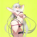  1girl ahoge armpits arms_behind_head arms_up bangs bikini black_bikini breasts choker cleavage collarbone fate/grand_order fate_(series) grey_hair jeanne_d&#039;arc_alter_(fate) jeanne_d&#039;arc_alter_(swimsuit_berserker)_(fate) large_breasts long_hair looking_at_viewer munashi_mujou navel o-ring o-ring_bikini solo swimsuit thigh_strap thighs very_long_hair yellow_background yellow_eyes 