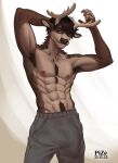  abs anthro antlers armpit_hair big_bulge black_nose body_hair brown_body brown_fur brown_hair bulge chest_tuft clothed clothing deer fur genital_outline green_eyes hair hand_behind_head happy_trail hi_res horn male mammal muscular muscular_anthro muscular_male nipples obliques partially_clothed penis_outline pinup pize pose raised_arms rook_(lazymoose) serratus shirtless solo standing sweatpants tan_body tan_fur tuft 