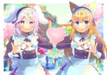  +_+ 2girls animal_ear_fluff animal_ears apron balloon bangs black_dress black_hairband blonde_hair blue_eyes blurry blurry_background blush closed_mouth commentary_request commission copyright_request depth_of_field dress frilled_apron frilled_hairband frills hair_between_eyes hairband heart heart_balloon heart_hands juliet_sleeves kou_hiyoyo long_hair long_sleeves maid multiple_girls puffy_sleeves purple_eyes purple_hair rabbit_ears skeb_commission smile thick_eyebrows very_long_hair virtual_youtuber white_apron 