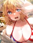  1girl american_flag american_flag_print bangs bikini blonde_hair blue_bikini blue_eyes blurry blurry_background bob_cut breasts cleavage close-up collarbone commentary crossed_bangs depth_of_field english_commentary flag_print garoudesu0202 hair_between_eyes hair_strand halterneck hand_up kanojo_okarishimasu large_breasts light_blush light_rays looking_at_viewer lower_teeth_only mixed-language_commentary multicolored_bikini multicolored_clothes nanami_mami off_shoulder open_mouth photo_background portrait raised_eyebrows red_bikini shading_eyes shirt short_hair solo spread_fingers sunbeam sunlight sweat swimsuit teeth wet white_bikini white_shirt 