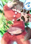  anthro belly belt blush canid canine canis christmas christmas_clothing clothing domestic_dog embarrassed hi_res holidays lifewonders male mammal midriff ononokomachiimo overweight pawpads red_clothing red_eyes shino_(housamo) solo tokyo_afterschool_summoners 