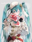  1girl belt beret blue_hair braid collar commentary fingerless_gloves gloves goodsmile_company goodsmile_racing hair_between_eyes hair_ornament hat hatsune_miku highres medium_hair micro_shorts racing_miku racing_miku_(2023) ribbon shorts sideless_outfit simple_background star_(symbol) syoku29 thighhighs twintails vocaloid white_headwear 