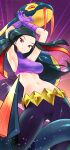  1girl absurdres armpits arms_up bare_shoulders black_hair black_pants breasts closed_mouth commentary contrapposto cowboy_shot crop_top elbow_gloves glint gloves highres long_hair looking_at_viewer lucy_(pokemon) medium_breasts midriff multicolored_hair navel pants pokemon pokemon_(creature) pokemon_(game) pokemon_emerald pokemon_rse purple_gloves purple_shirt red_eyes red_hair seviper shirt sleeveless sleeveless_shirt smile standing taut_clothes taut_shirt tm_(hanamakisan) two-tone_hair 