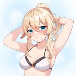  1girl absurdres armpits arms_behind_head arms_up bikini blonde_hair blue_eyes blush breasts collarbone doggo_zylax frown furrowed_brow genshin_impact hair_between_eyes hands_in_hair highres jean_(genshin_impact) light_blue_background long_hair looking_at_viewer paw_print ponytail small_breasts solo swimsuit two-tone_background upper_body white_background white_bikini 