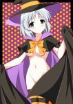  1girl animal_ears areola_slip black_cape black_thighhighs blush breasts cape cloak convenient_censoring green_eyes grey_hair grin groin halloween hat highres isa_(ni-iro) looking_at_viewer naked_cape naked_cloak navel polka_dot polka_dot_background purple_background sanya_v._litvyak short_hair small_breasts smile solo strike_witches tail thighhighs witch_hat world_witches_series 