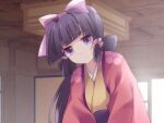  1girl akinomiya_asuka bangs closed_mouth commentary_request hair_ribbon haori head_tilt indoors japanese_clothes kimono long_sleeves looking_at_viewer mystical_power_plant original pink_ribbon purple_eyes purple_hair ribbon solo touhou upper_body yaezaki_an yellow_kimono 