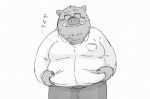  2022 anthro belly bottomwear clothing eyewear glasses hi_res japanese_text kemono male mammal overweight overweight_male pants pommn_mn simple_background solo suid suina sus_(pig) text wild_boar 