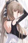  1girl absurdres arms_up azur_lane blurry blurry_background blush bow breasts cosmetics dress formidable_(azur_lane) frills from_side hair_bow hair_over_breasts highres horn/wood indoors large_breasts long_hair looking_at_viewer mirror parted_lips ponytail red_eyes ribbon solo upper_body 