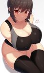  1girl breasts cleavage competition_swimsuit highres large_breasts one-piece_swimsuit original samegami short_hair solo swimsuit thick_thighs thighhighs thighs toromi_(samegami) wide_hips 