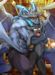  3_eyes abs anthro barazoku blue_horn bovid caprine caprine_demon demon duo embrace eye_patch eyewear featureless_crotch goat goat_demon hi_res horizontal_pupils horn male male/male mammal membrane_(anatomy) membranous_wings multi_eye muscular muscular_anthro muscular_male muscular_thighs nekogaki0324 obliques open_mouth pupils size_difference wings yellow_eyes 