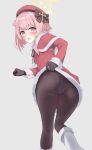  1girl absurdres ass blue_archive blush capelet christmas clothes_lift hair_bun halo highres kirin panties pantyhose pink_eyes pink_hair santa_costume serina_(blue_archive) serina_(christmas)_(blue_archive) short_hair underwear white_background 