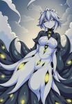  1girl breasts cloud cloudy_sky covered_nipples crown dress extra_eyes from_below glowing highres long_sleeves looking_at_viewer md5_mismatch medium_breasts monster_girl pale_skin shoggoth shoggoth_(monster_girl_encyclopedia) sky slime_girl solo solo_focus tentacles white_dress white_hair 