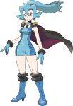  1girl blue_eyes blue_footwear blue_gloves blue_hair boots cape clair_(pokemon) gloves highres long_hair official_art pokemon pokemon_(game) tachi-e transparent_background 