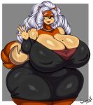  absurd_res anthro big_breasts breasts canid canine canis cleavage clothed clothing domestic_dog dress elderly_female eyewear glasses hi_res huge_breasts hyper hyper_breasts mammal solo sonja_(superix) stretch_marks superix 