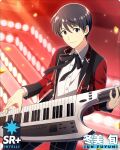  1boy bangs black_bow black_bowtie black_eyes black_hair bow bowtie buttons card_(medium) character_name collared_shirt fingernails fuyumi_jun idolmaster idolmaster_side-m idolmaster_side-m_growing_stars instrument long_sleeves looking_at_viewer male_focus music official_art playing_instrument shirt short_hair smile solo third-party_source 
