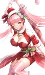  1girl bangs bare_shoulders blush breasts brooch candy candy_cane christmas closed_mouth commentary_request diagonal_stripes fire_emblem fire_emblem:_three_houses fire_emblem_heroes food gloves gonzarez hair_ornament highres hilda_valentine_goneril jewelry large_breasts long_hair looking_at_viewer official_alternate_costume one_eye_closed pink_eyes pink_hair pink_thighhighs simple_background smile solo star_brooch striped thighhighs twintails white_gloves zettai_ryouiki 
